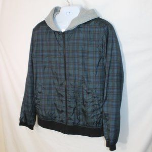 ARIZONA JEANS Blue & Green Puffer Jacket Size XL Full Zipper Gray Hoodie Pockets